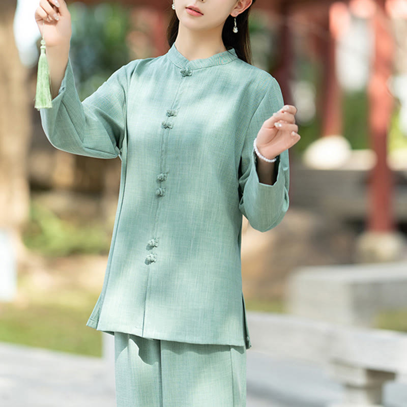 Set di 2 pezzi Buddha Stones , camicia a maniche lunghe con bottoni cinesi, pantaloni, meditazione, Zen, Tai Chi, abbigliamento in cotone da donna - image 15