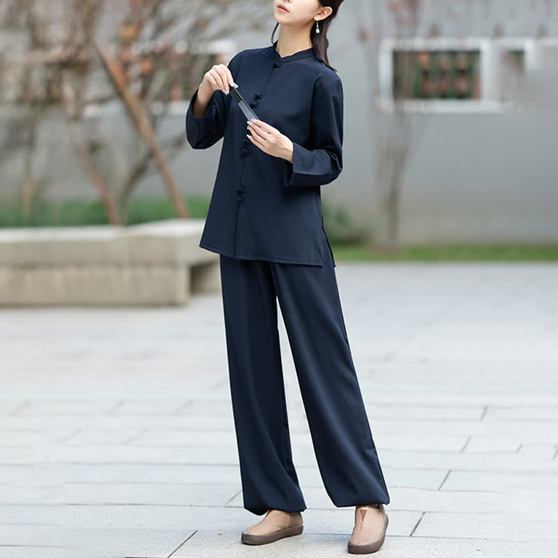 Set di 2 pezzi Buddha Stones , camicia a maniche lunghe con bottoni cinesi, pantaloni, meditazione, Zen, Tai Chi, abbigliamento in cotone da donna - image 4