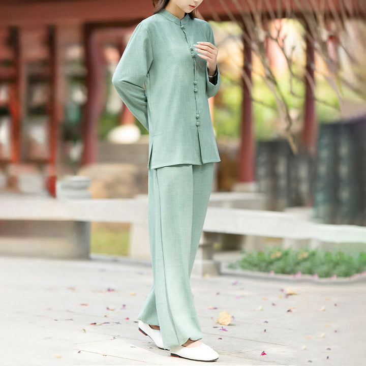 Set di 2 pezzi Buddha Stones , camicia a maniche lunghe con bottoni cinesi, pantaloni, meditazione, Zen, Tai Chi, abbigliamento in cotone da donna - image 12