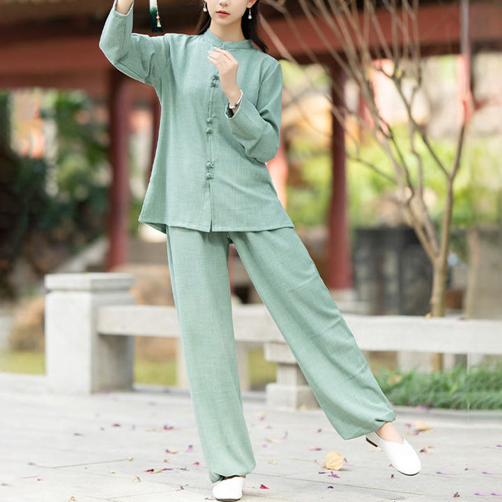 Set di 2 pezzi Buddha Stones , camicia a maniche lunghe con bottoni cinesi, pantaloni, meditazione, Zen, Tai Chi, abbigliamento in cotone da donna - image 11