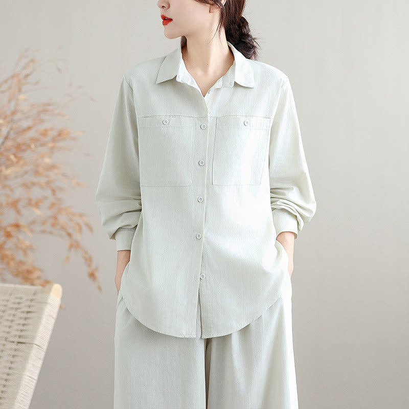 Set da donna Buddha Stones 2 pezzi, tinta unita, in cotone, con bottoni, camicia a maniche lunghe e pantaloni larghi alla caviglia, con tasche - image 4
