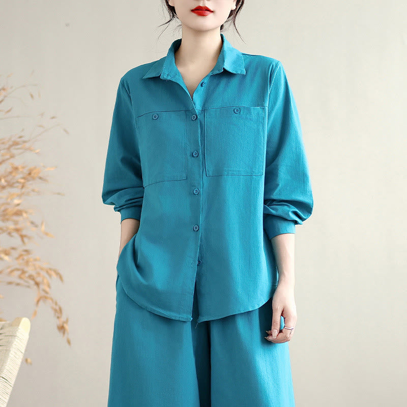 Set da donna Buddha Stones 2 pezzi, tinta unita, in cotone, con bottoni, camicia a maniche lunghe e pantaloni larghi alla caviglia, con tasche - image 17