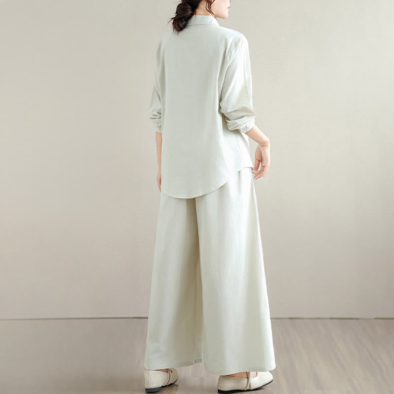 Set da donna Buddha Stones 2 pezzi, tinta unita, in cotone, con bottoni, camicia a maniche lunghe e pantaloni larghi alla caviglia, con tasche - image 3