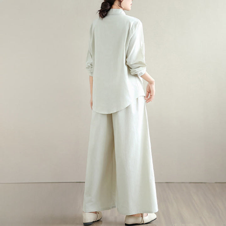 Set da donna Buddha Stones 2 pezzi, tinta unita, in cotone, con bottoni, camicia a maniche lunghe e pantaloni larghi alla caviglia, con tasche - image 3