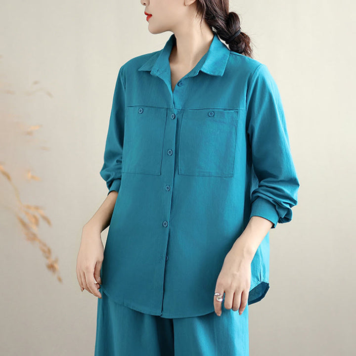 Set da donna Buddha Stones 2 pezzi, tinta unita, in cotone, con bottoni, camicia a maniche lunghe e pantaloni larghi alla caviglia, con tasche - image 18