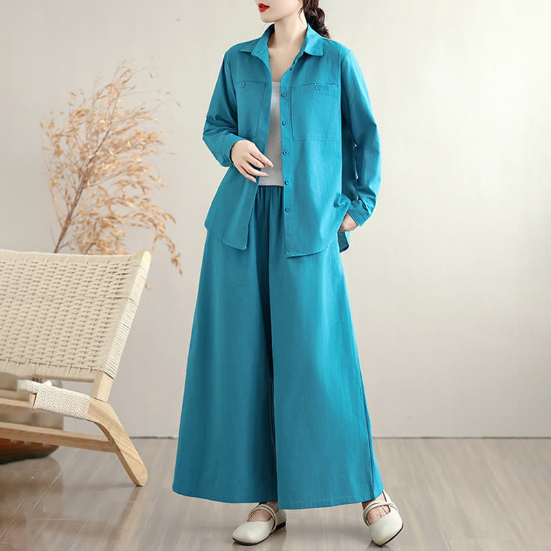 Set da donna Buddha Stones 2 pezzi, tinta unita, in cotone, con bottoni, camicia a maniche lunghe e pantaloni larghi alla caviglia, con tasche - image 14