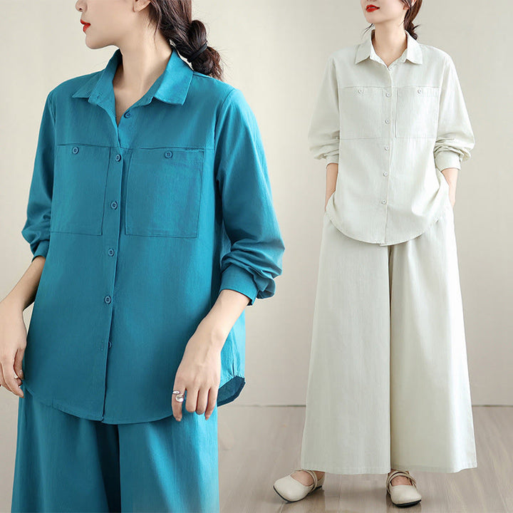 Set da donna Buddha Stones 2 pezzi, tinta unita, in cotone, con bottoni, camicia a maniche lunghe e pantaloni larghi alla caviglia, con tasche - image 20