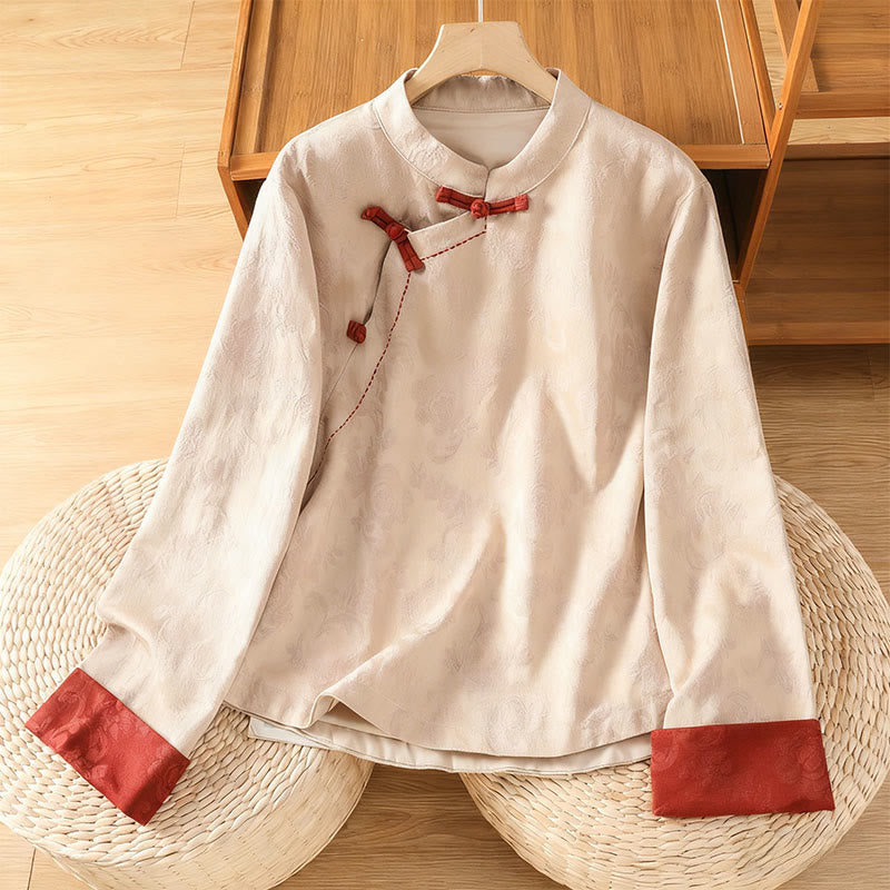 Camicia da donna in cotone a maniche lunghe con colletto rialzato, stampa floreale jacquard autunnale Buddha Stones con bottoni a rana - Beige - US8-10, UK/AU12-14, EU40-42 (2XL) - image 16