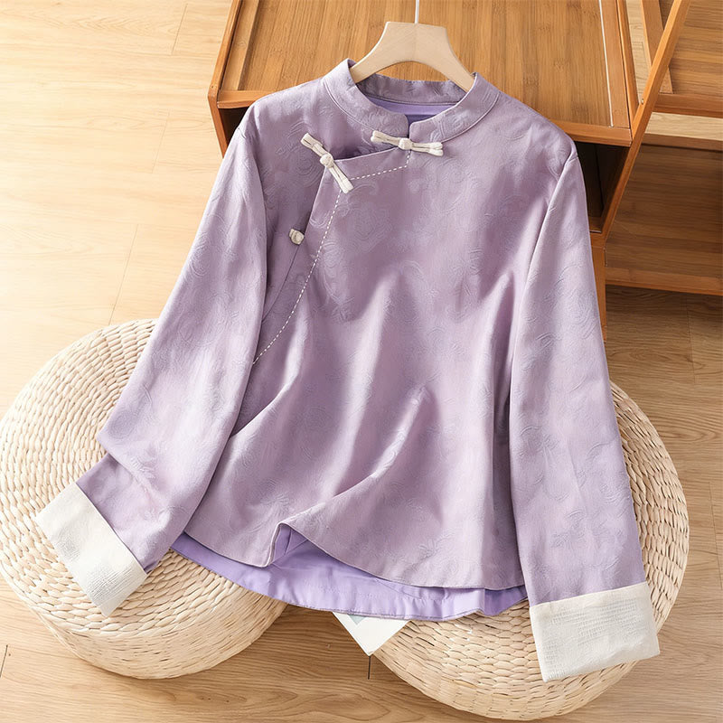 Camicia da donna in cotone a maniche lunghe con colletto rialzato, stampa floreale jacquard autunnale Buddha Stones con bottoni a rana - Prugna - US8-10, UK/AU12-14, EU40-42 (2XL) - image 8