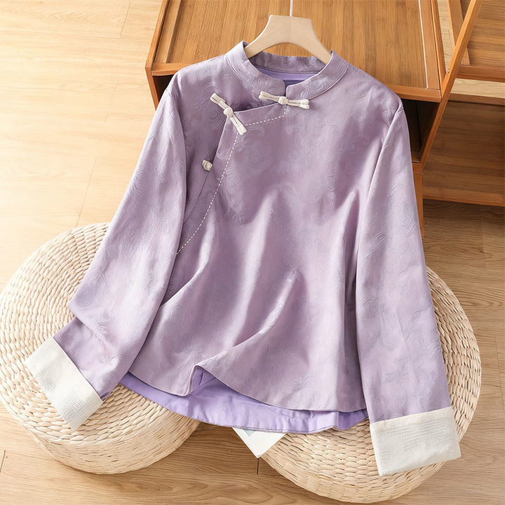 Camicia da donna in cotone a maniche lunghe con colletto rialzato, stampa floreale jacquard autunnale Buddha Stones con bottoni a rana - Prugna - US8-10, UK/AU12-14, EU40-42 (2XL) - image 8