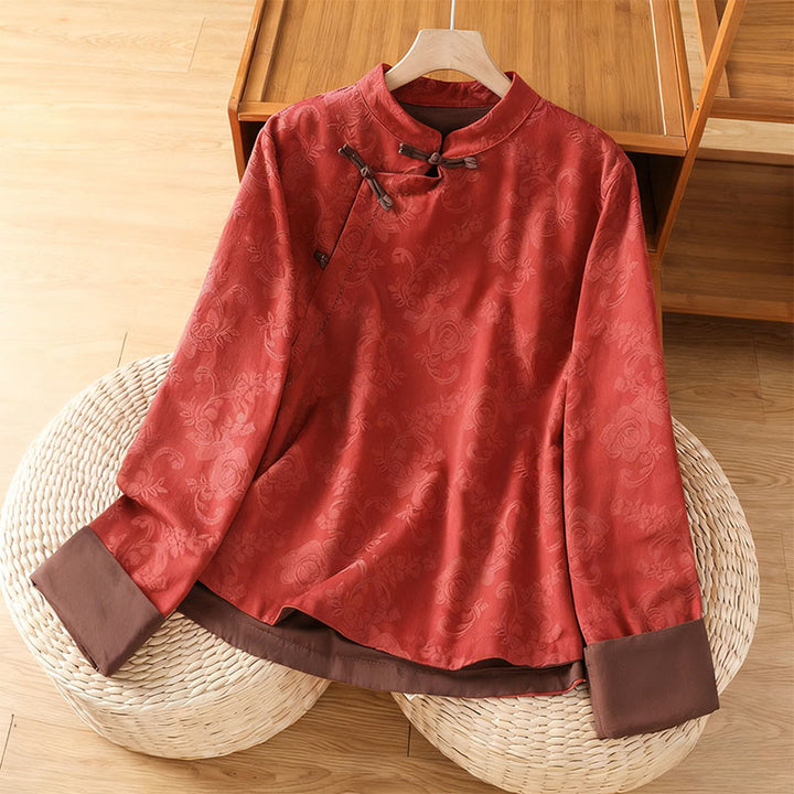Camicia da donna in cotone a maniche lunghe con colletto rialzato, stampa floreale jacquard autunnale Buddha Stones con bottoni a rana - Rosso - US8-10, UK/AU12-14, EU40-42 (2XL) - image 0