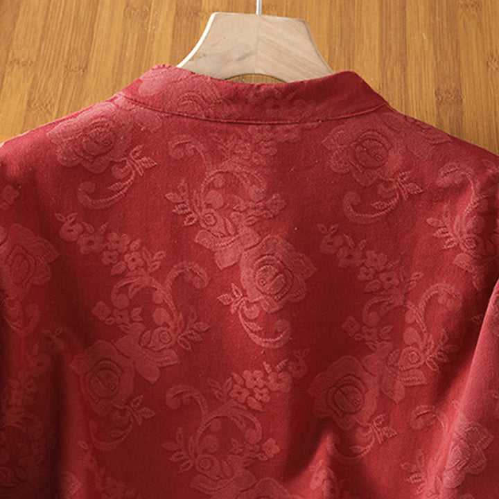 Camicia da donna in cotone a maniche lunghe con colletto rialzato, stampa floreale jacquard autunnale Buddha Stones con bottoni a rana - image 3