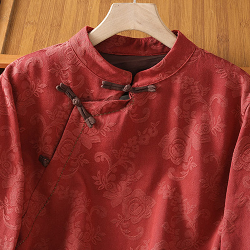 Camicia da donna in cotone a maniche lunghe con colletto rialzato, stampa floreale jacquard autunnale Buddha Stones con bottoni a rana - image 2