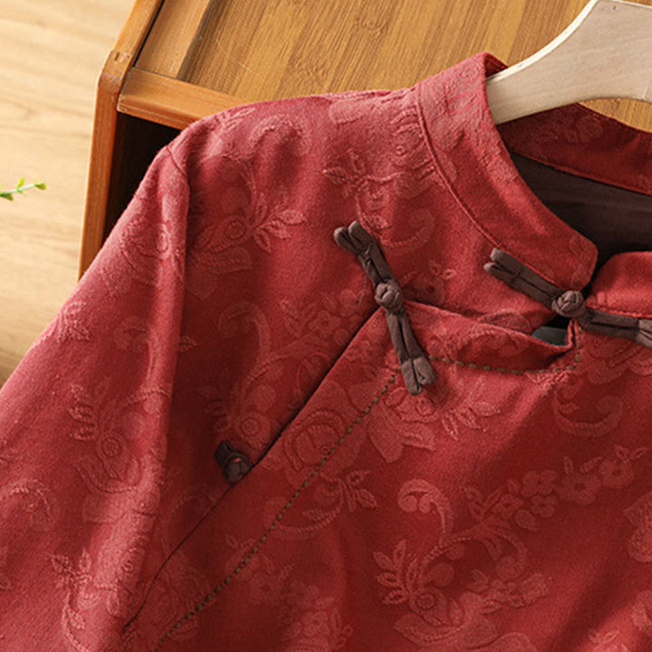 Camicia da donna in cotone a maniche lunghe con colletto rialzato, stampa floreale jacquard autunnale Buddha Stones con bottoni a rana - image 4