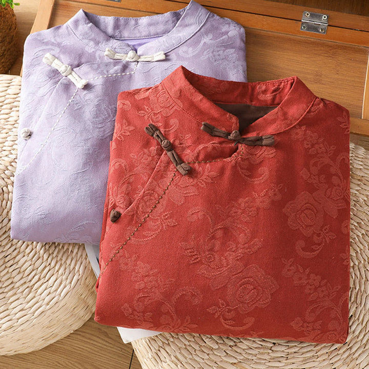 Camicia da donna in cotone a maniche lunghe con colletto rialzato, stampa floreale jacquard autunnale Buddha Stones con bottoni a rana - image 7