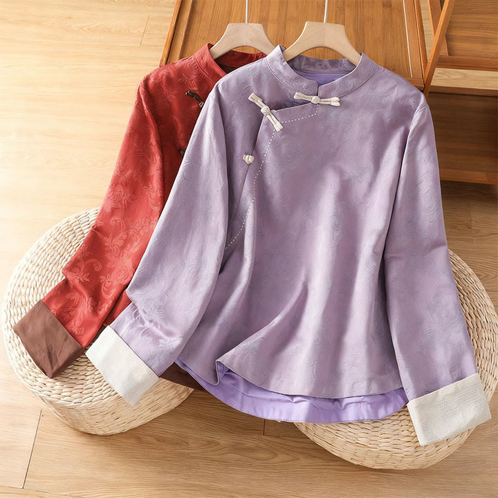 Camicia da donna in cotone a maniche lunghe con colletto rialzato, stampa floreale jacquard autunnale Buddha Stones con bottoni a rana - image 15