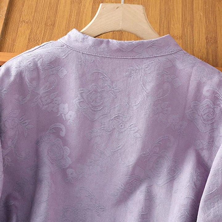 Camicia da donna in cotone a maniche lunghe con colletto rialzato, stampa floreale jacquard autunnale Buddha Stones con bottoni a rana - image 11