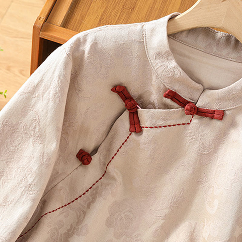 Camicia da donna in cotone a maniche lunghe con colletto rialzato, stampa floreale jacquard autunnale Buddha Stones con bottoni a rana - image 21