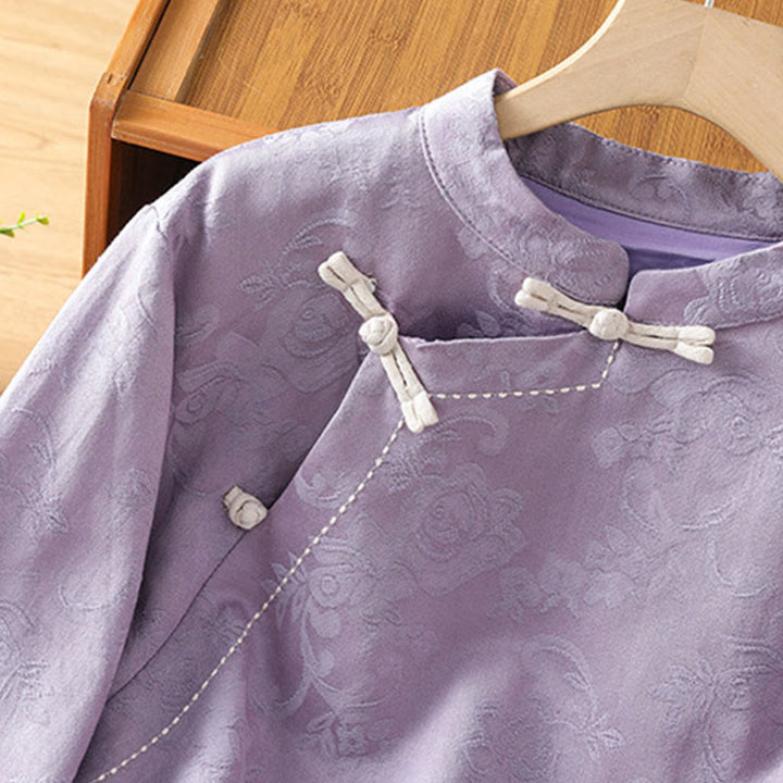 Camicia da donna in cotone a maniche lunghe con colletto rialzato, stampa floreale jacquard autunnale Buddha Stones con bottoni a rana - image 12