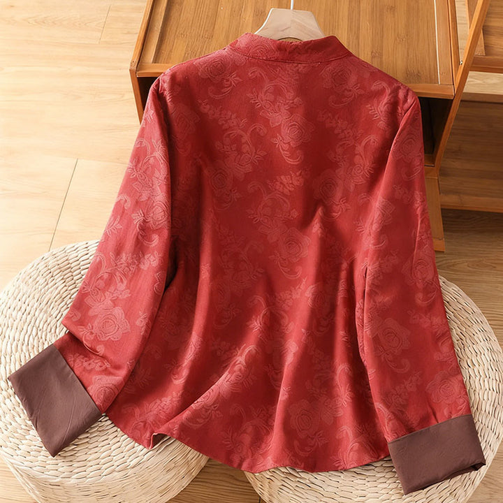 Camicia da donna in cotone a maniche lunghe con colletto rialzato, stampa floreale jacquard autunnale Buddha Stones con bottoni a rana - image 1