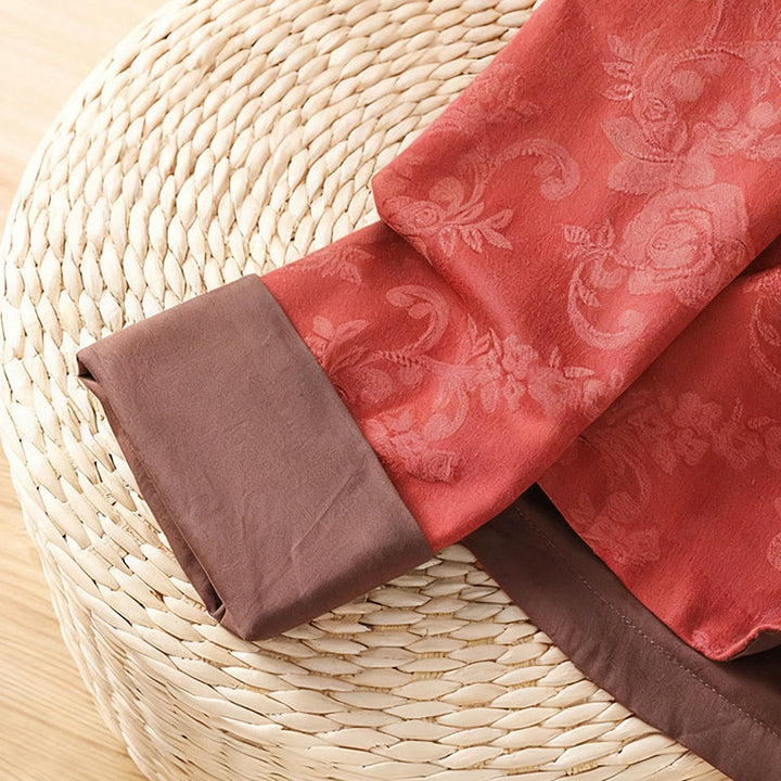 Camicia da donna in cotone a maniche lunghe con colletto rialzato, stampa floreale jacquard autunnale Buddha Stones con bottoni a rana - image 6