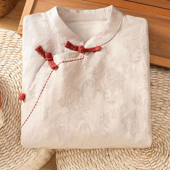 Camicia da donna in cotone a maniche lunghe con colletto rialzato, stampa floreale jacquard autunnale Buddha Stones con bottoni a rana - image 18