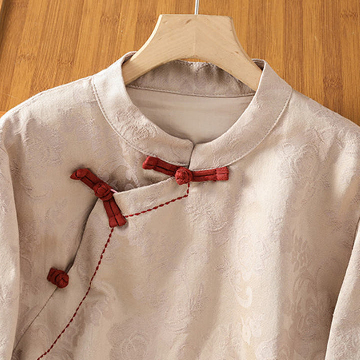 Camicia da donna in cotone a maniche lunghe con colletto rialzato, stampa floreale jacquard autunnale Buddha Stones con bottoni a rana - image 19