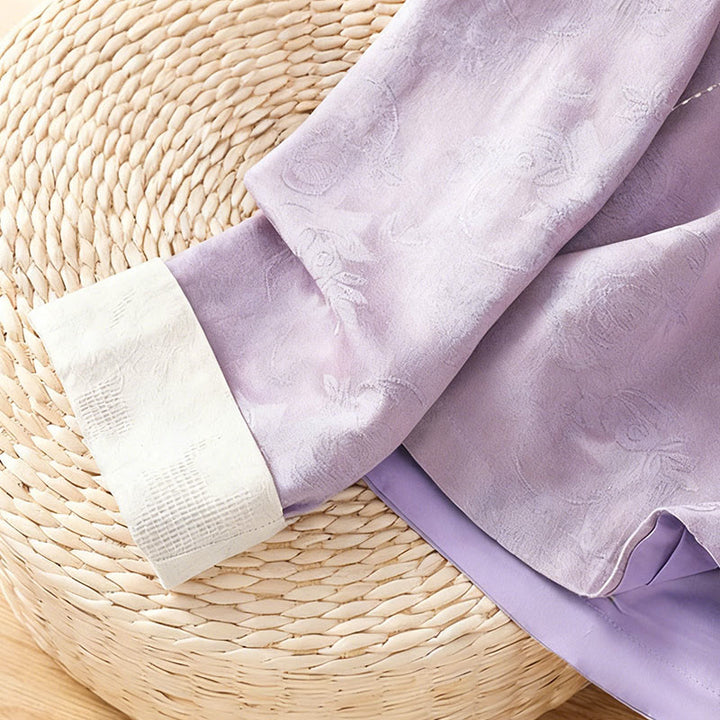 Camicia da donna in cotone a maniche lunghe con colletto rialzato, stampa floreale jacquard autunnale Buddha Stones con bottoni a rana - image 14