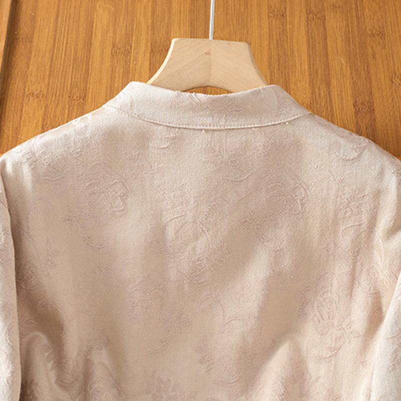 Camicia da donna in cotone a maniche lunghe con colletto rialzato, stampa floreale jacquard autunnale Buddha Stones con bottoni a rana - image 20