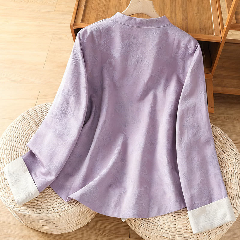 Camicia da donna in cotone a maniche lunghe con colletto rialzato, stampa floreale jacquard autunnale Buddha Stones con bottoni a rana - image 9