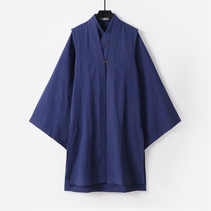 Buddha Stones 2 pezzi autunno solido manica lunga uomo taoista lunga veste kimono con lacci senza maniche gilet abito cerimonia qigong - SteelBlue - US/UK/AU54, EU64 (9XL) - image 17