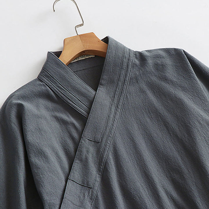 Buddha Stones 2 pezzi autunno solido manica lunga uomo taoista lunga veste kimono con lacci senza maniche gilet abito cerimonia qigong - image 10