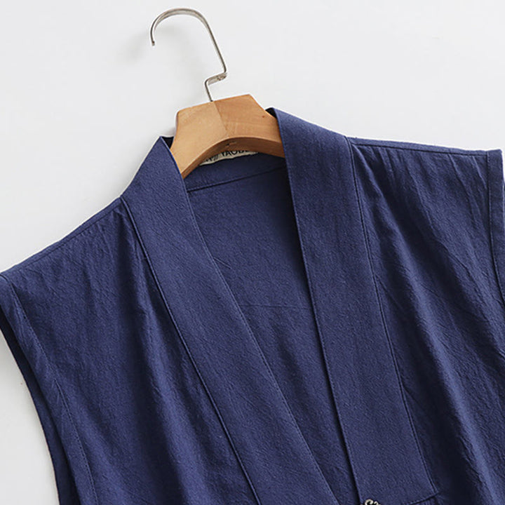 Buddha Stones 2 pezzi autunno solido manica lunga uomo taoista lunga veste kimono con lacci senza maniche gilet abito cerimonia qigong - image 22