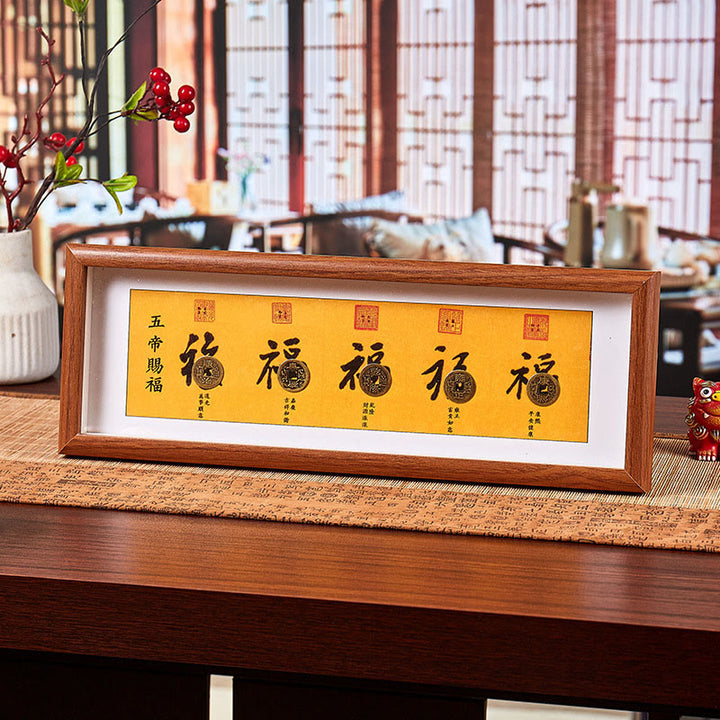 Ornamento per la casa con cornice portafoto portafortuna, Buddha Stones, carattere Fu, cinque monete dell'imperatore - Stile 1 - Pannello di fibra a media densità (13*40*4cm) - image 0