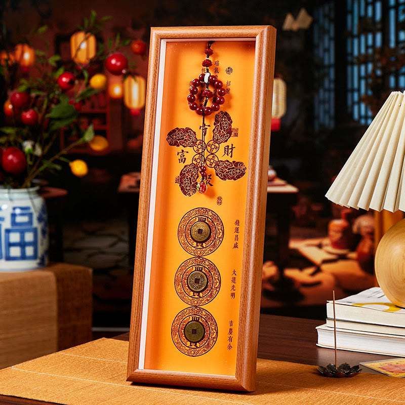 Buddha Stones, monete di rame, cinabro, attraggono fortuna, benedizione, cornice per foto, ornamento, arredamento per la casa - Stile 1 - Pannello di fibra a media densità (13*40*4cm) - image 0