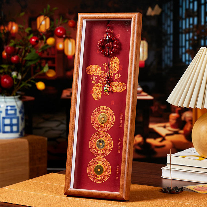 Buddha Stones, monete di rame, cinabro, attraggono fortuna, benedizione, cornice per foto, ornamento, arredamento per la casa - Stile 2 - Pannello di fibra a media densità (13*40*4cm) - image 2