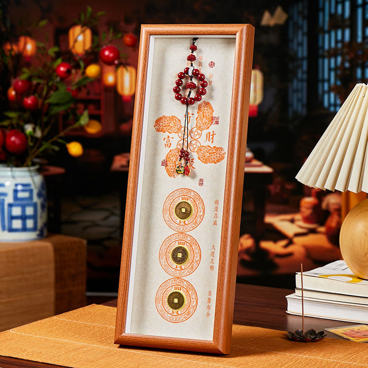 Buddha Stones, monete di rame, cinabro, attraggono fortuna, benedizione, cornice per foto, ornamento, arredamento per la casa - Stile 3 - Pannello di fibra a media densità (13*40*4cm) - image 3