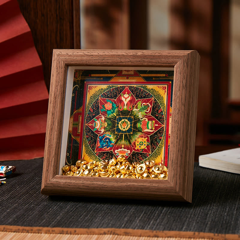 Ornamento per la casa, cornice per foto in lingotto dorato Thangka, Buddha Stones tibetane Om Mani Padme Hum - Stile 3 - Pannello di fibra a media densità marrone (10*10*4cm) - image 5