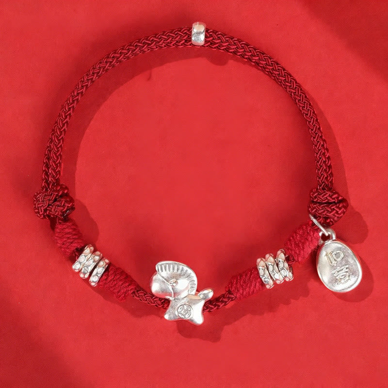 Braccialetto Buddha Stones in argento sterling 999 con cordino per l'anno del cavallo e libertà - Corda rosso scuro (circonferenza polso: 14-21 cm) - image 1