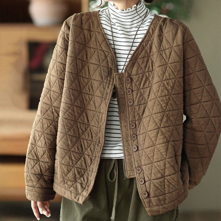 Giacca termica invernale da donna con maniche lunghe e motivo a rombi in cotone Buddha Stones, con tasche - image 1