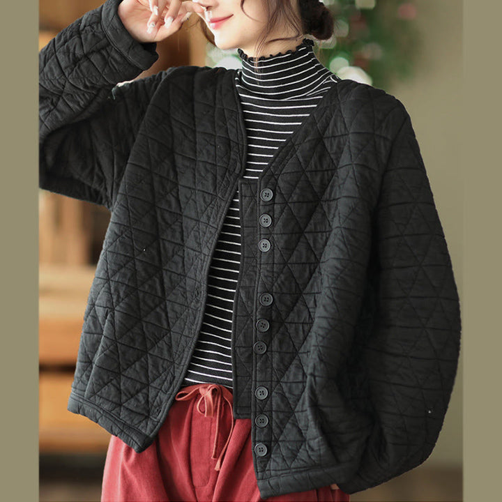 Giacca termica invernale da donna con maniche lunghe e motivo a rombi in cotone Buddha Stones, con tasche - image 7