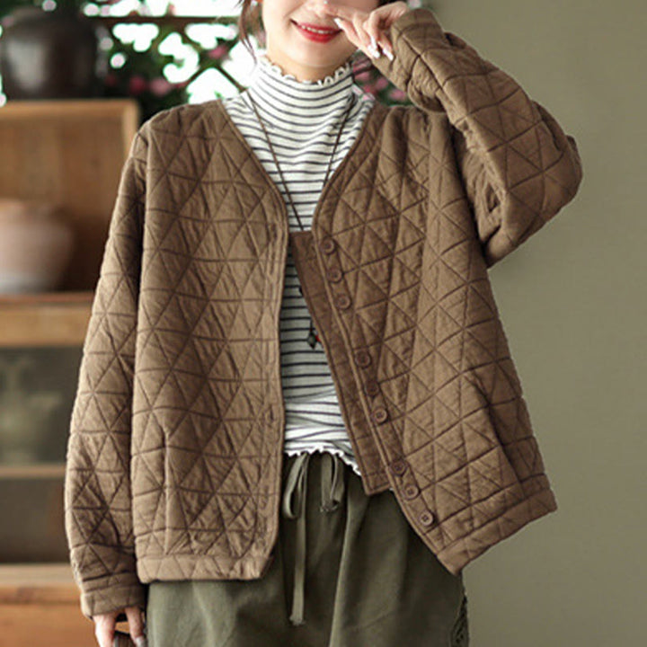 Giacca termica invernale da donna con maniche lunghe e motivo a rombi in cotone Buddha Stones, con tasche - image 2