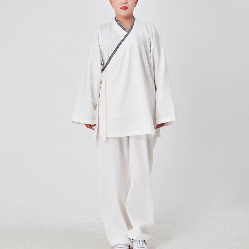 Buddha Stones 2 pezzi Wudang autunno solido rana-bottoni manica lunga lino unisex abito taoista kimono pantaloni abito cerimonia Qigong - image 1