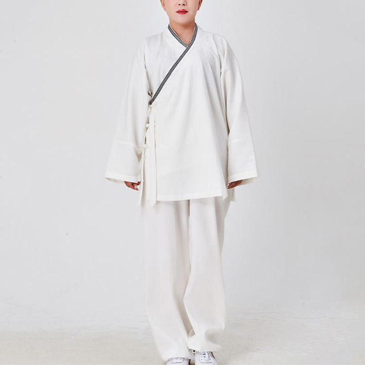 Buddha Stones 2 pezzi Wudang autunno solido rana-bottoni manica lunga lino unisex abito taoista kimono pantaloni abito cerimonia Qigong - image 1