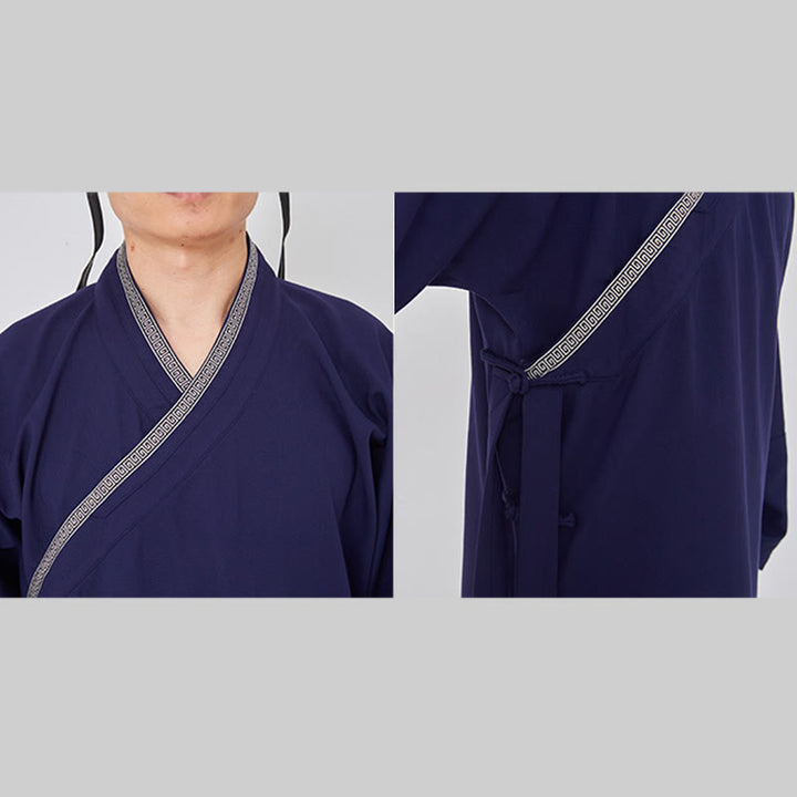 Buddha Stones 2 pezzi Wudang autunno solido rana-bottoni manica lunga lino unisex abito taoista kimono pantaloni abito cerimonia Qigong - image 9