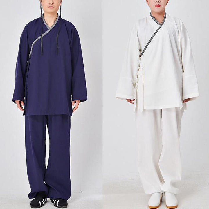 Buddha Stones 2 pezzi Wudang autunno solido rana-bottoni manica lunga lino unisex abito taoista kimono pantaloni abito cerimonia Qigong - image 10