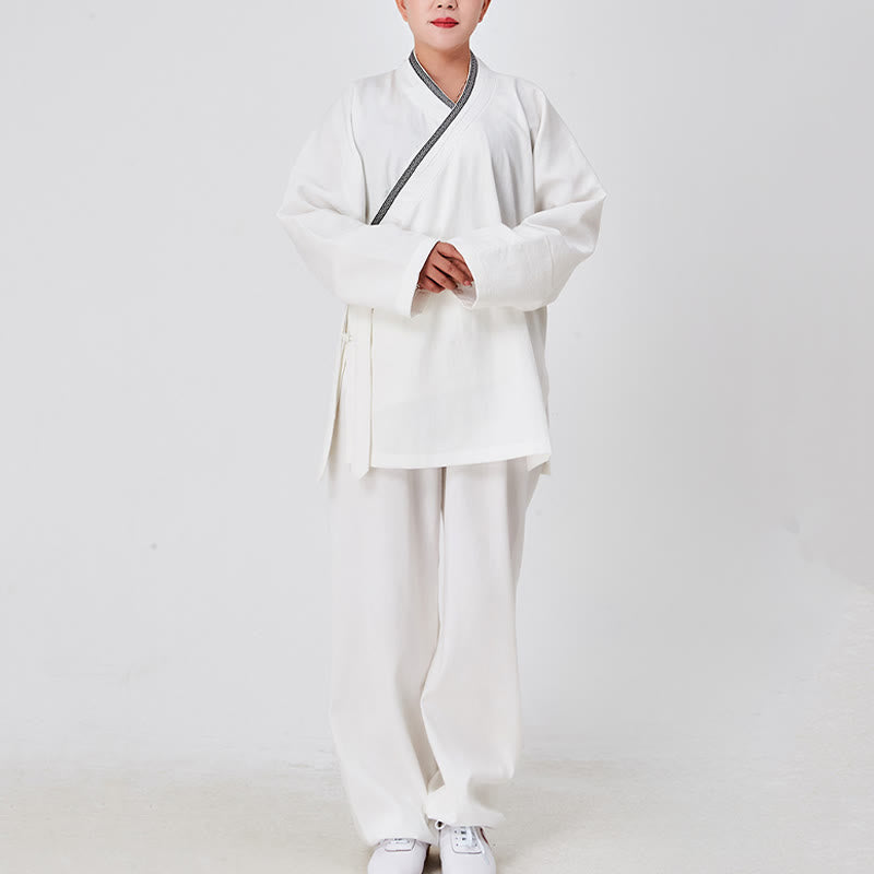 Buddha Stones 2 pezzi Wudang autunno solido rana-bottoni manica lunga lino unisex abito taoista kimono pantaloni abito cerimonia Qigong - Bianco - 3XL- ADATTO A US/ UK/AU/ EU- XL - image 0