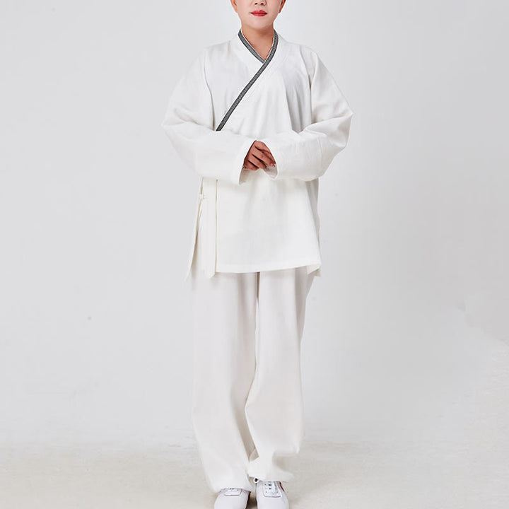 Buddha Stones 2 pezzi Wudang autunno solido rana-bottoni manica lunga lino unisex abito taoista kimono pantaloni abito cerimonia Qigong - Bianco - 3XL- ADATTO A US/ UK/AU/ EU- XL - image 0