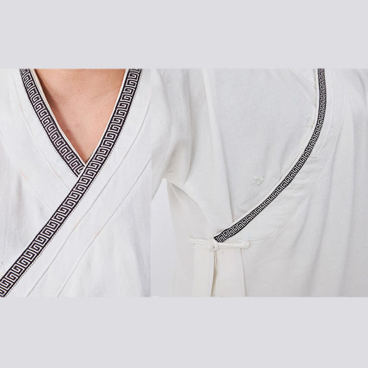 Buddha Stones 2 pezzi Wudang autunno solido rana-bottoni manica lunga lino unisex abito taoista kimono pantaloni abito cerimonia Qigong - image 4