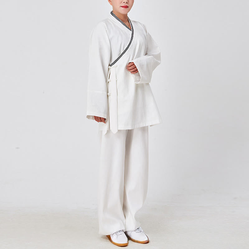 Buddha Stones 2 pezzi Wudang autunno solido rana-bottoni manica lunga lino unisex abito taoista kimono pantaloni abito cerimonia Qigong - image 2